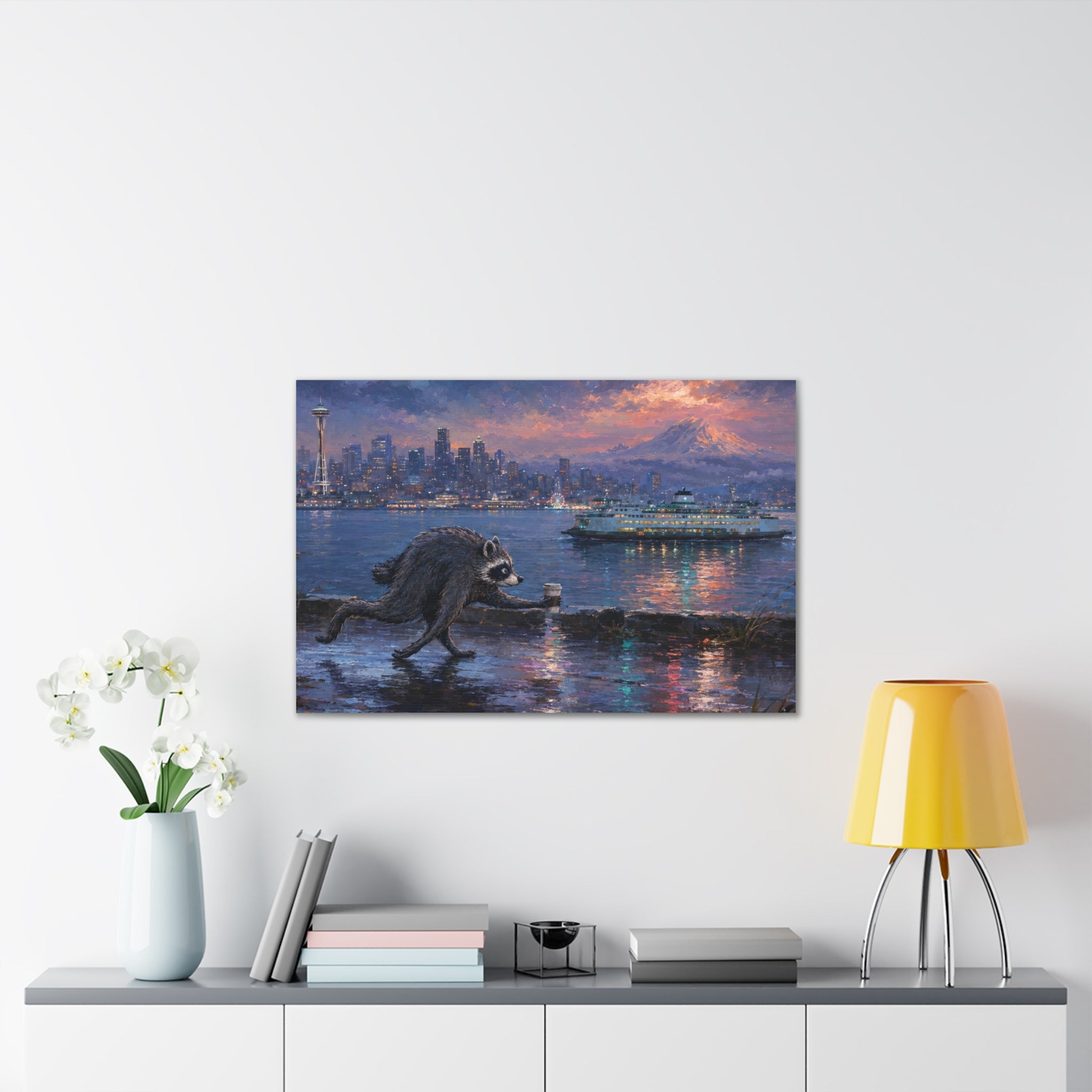Jimothy Seattle Night Stroll Canvas Wall Art — Seattle Ferry Cityscape