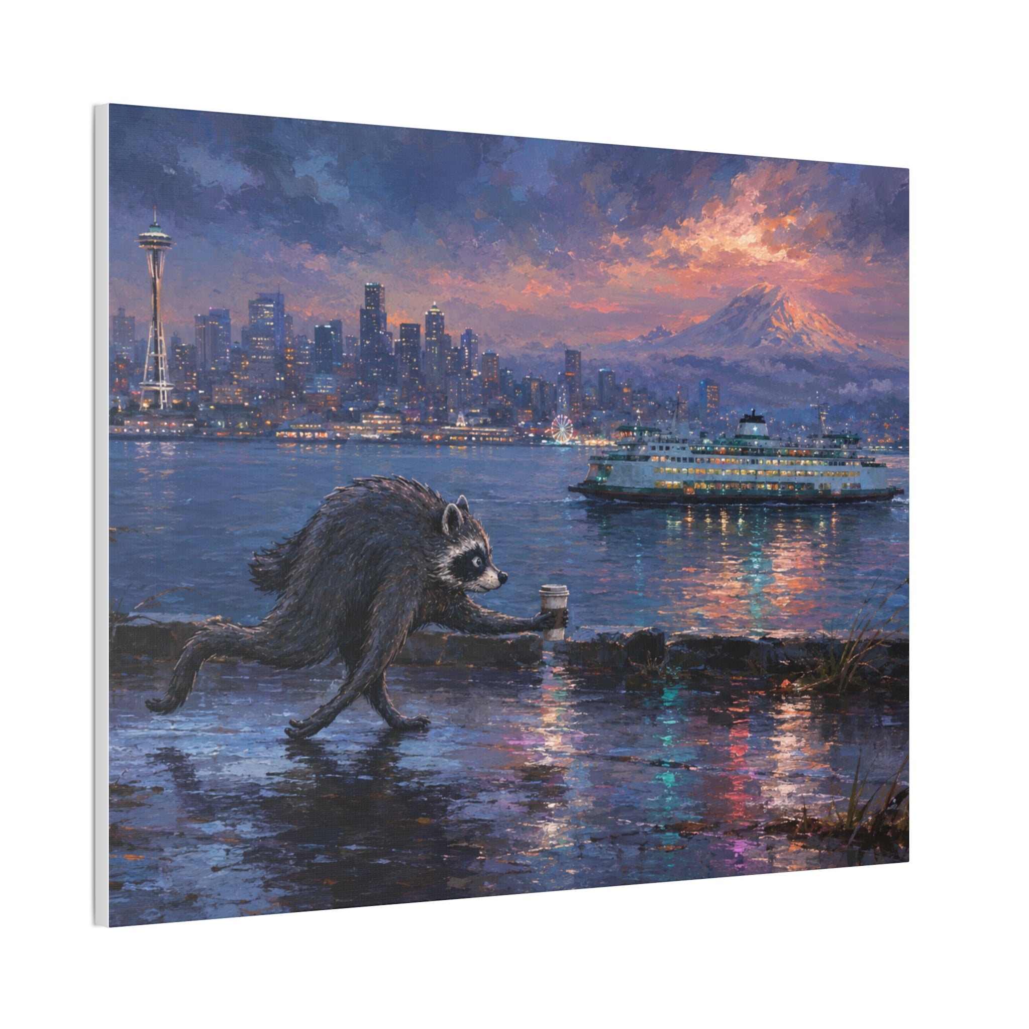 Jimothy Seattle Night Stroll Canvas Wall Art — Seattle Ferry Cityscape