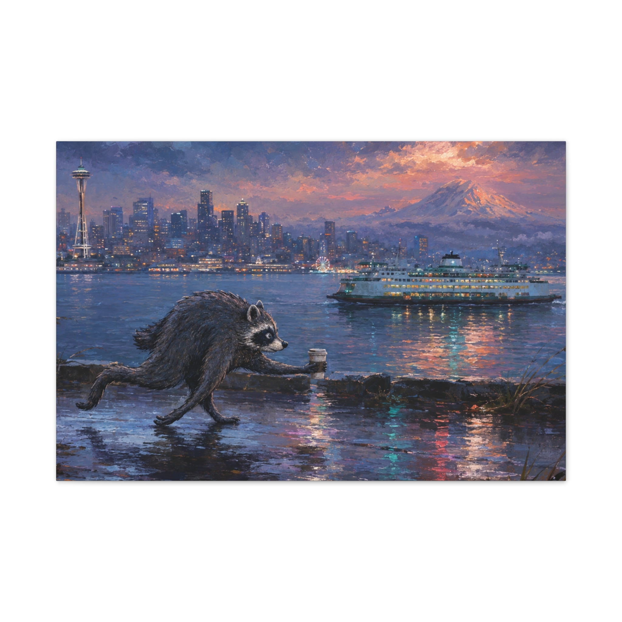 Jimothy Seattle Night Stroll Canvas Wall Art — Seattle Ferry Cityscape