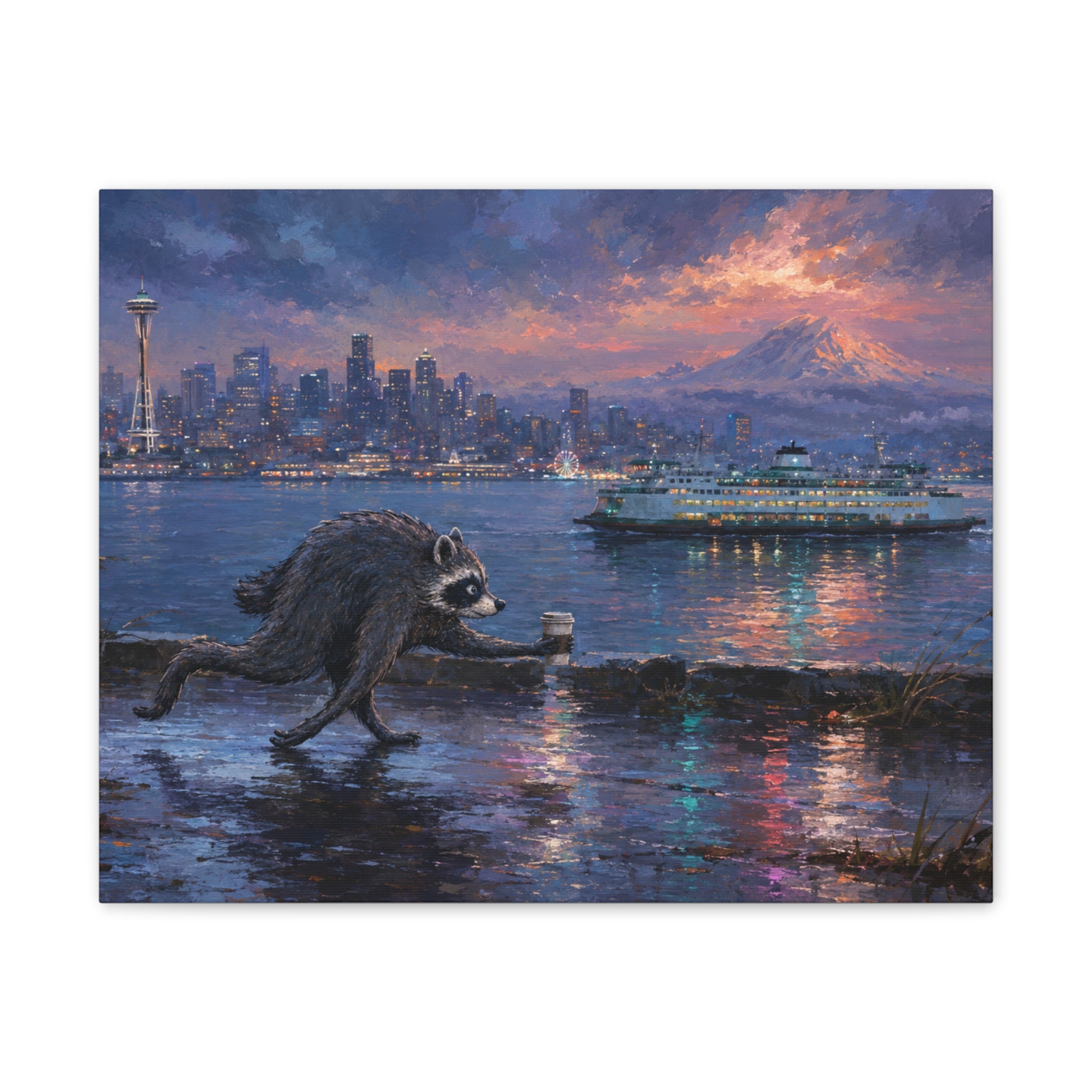 Jimothy Seattle Night Stroll Canvas Wall Art — Seattle Ferry Cityscape