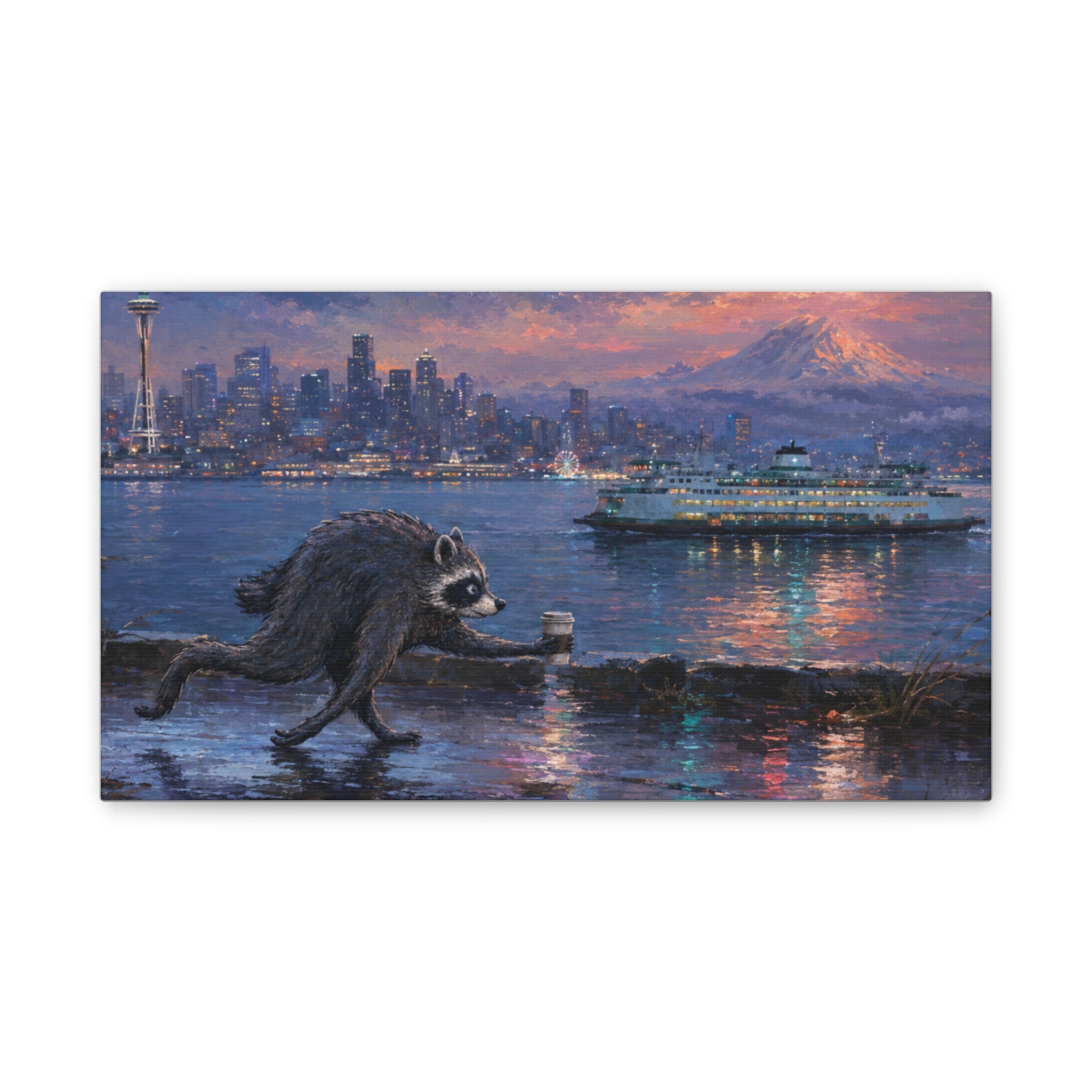 Jimothy Seattle Night Stroll Canvas Wall Art — Seattle Ferry Cityscape