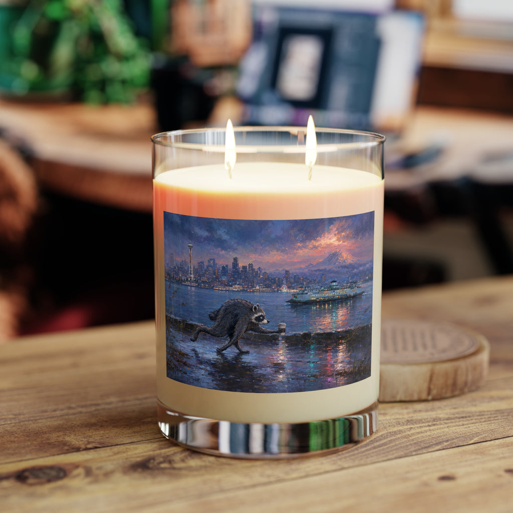 11oz Scented Candle with City Harbor Raccoon Artwork