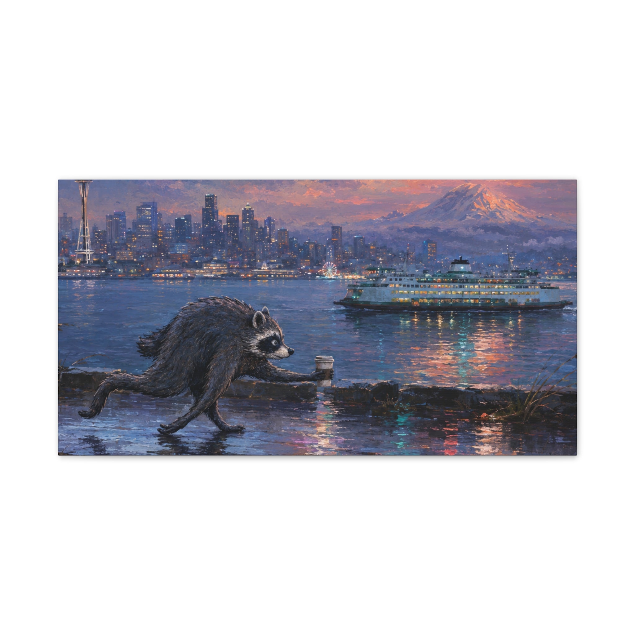 Jimothy Seattle Night Stroll Canvas Wall Art — Seattle Ferry Cityscape