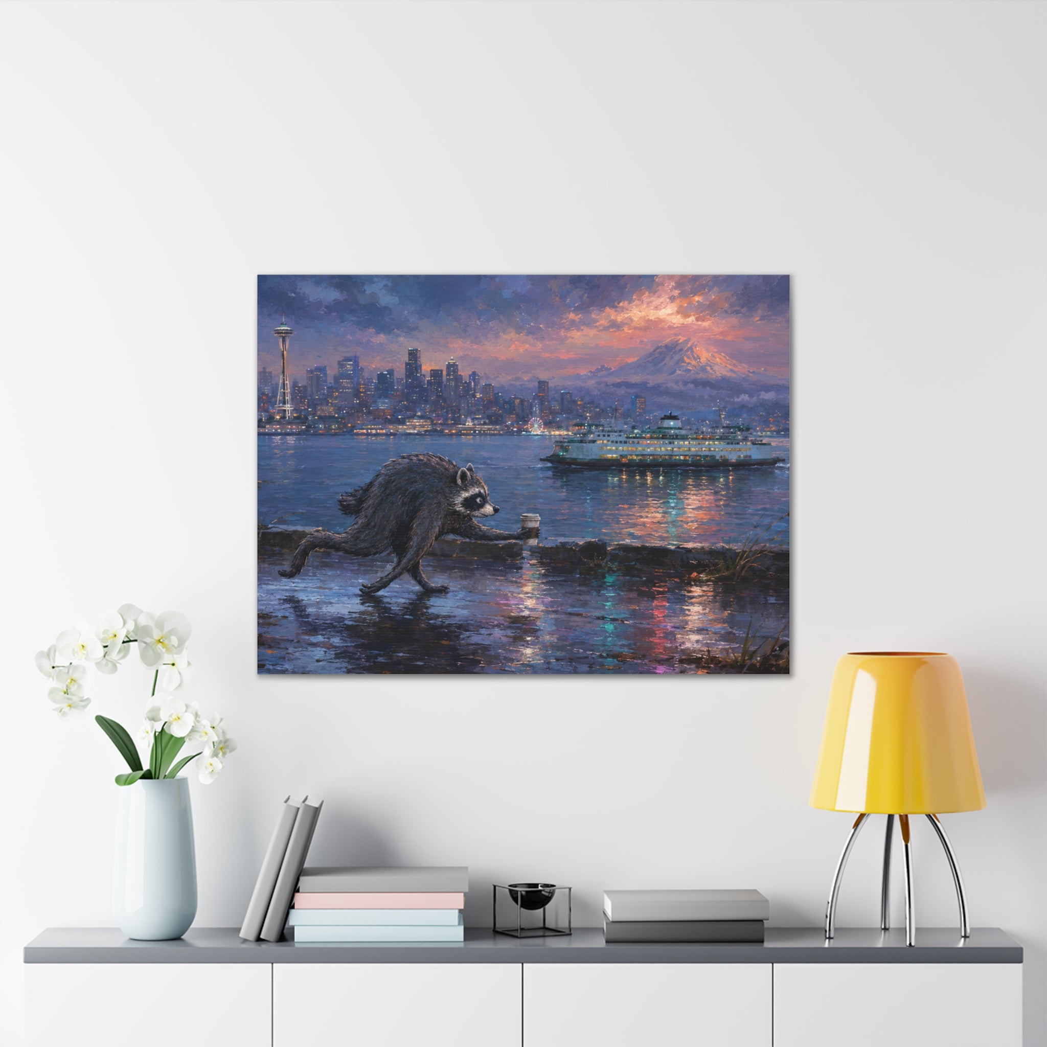 Jimothy Seattle Night Stroll Canvas Wall Art — Seattle Ferry Cityscape