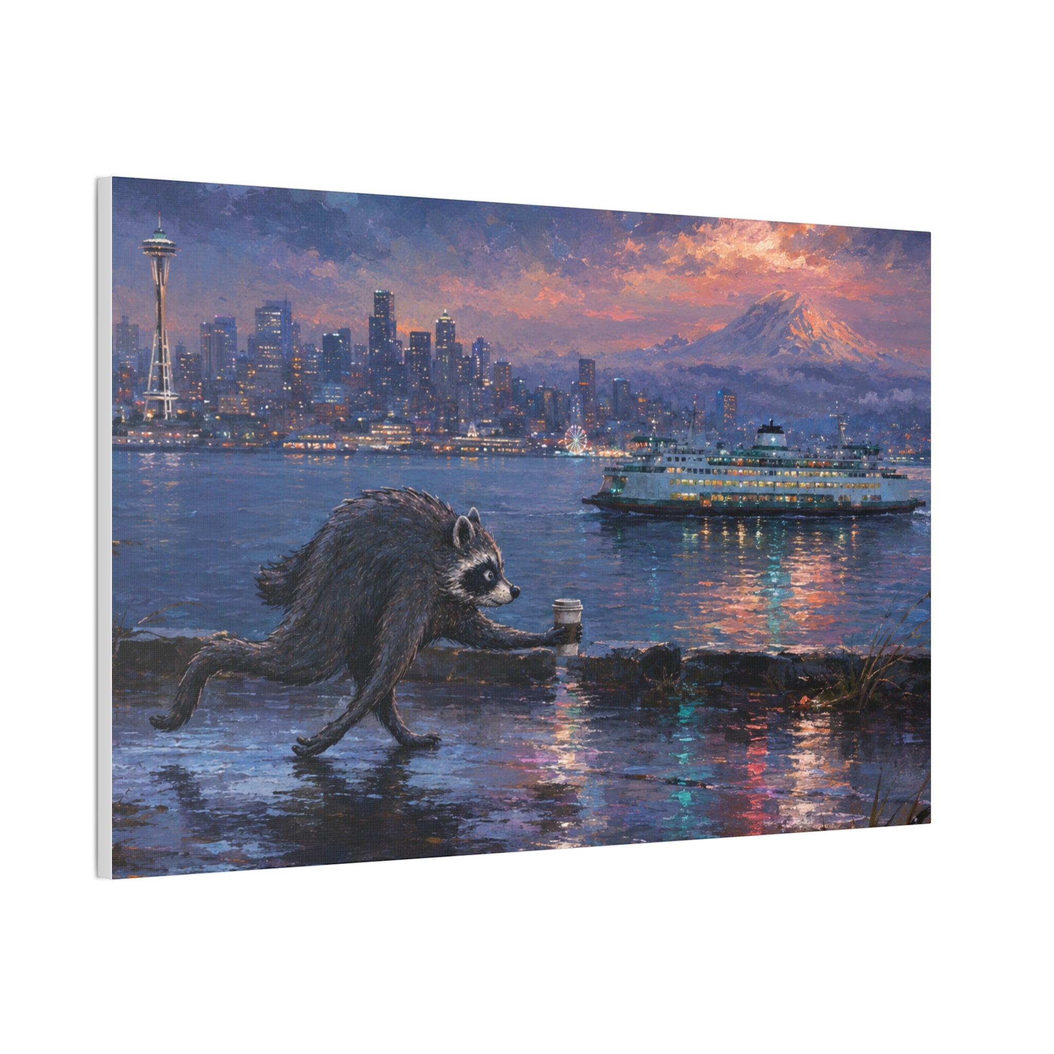 Jimothy Seattle Night Stroll Canvas Wall Art — Seattle Ferry Cityscape