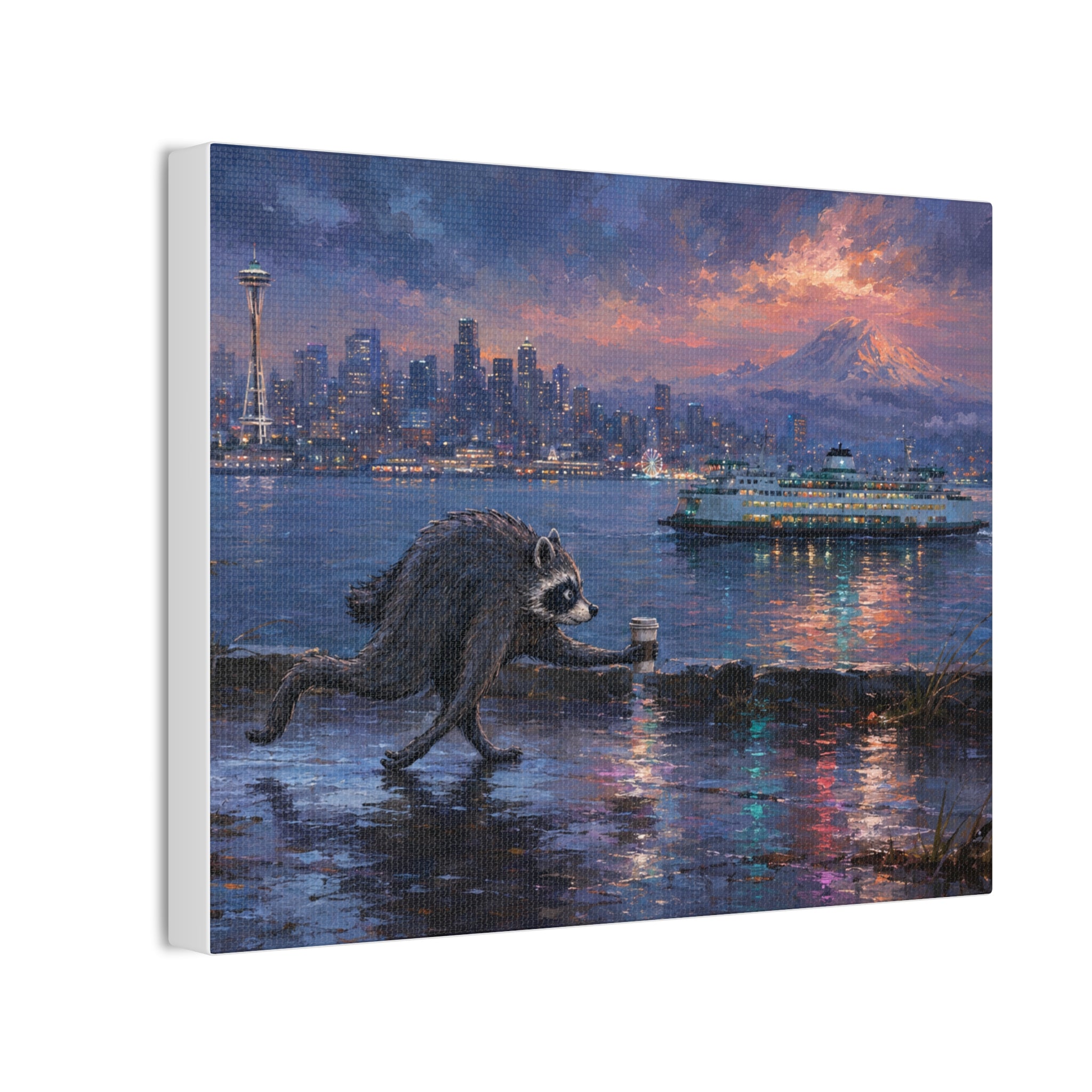 Jimothy Seattle Night Stroll Canvas Wall Art — Seattle Ferry Cityscape