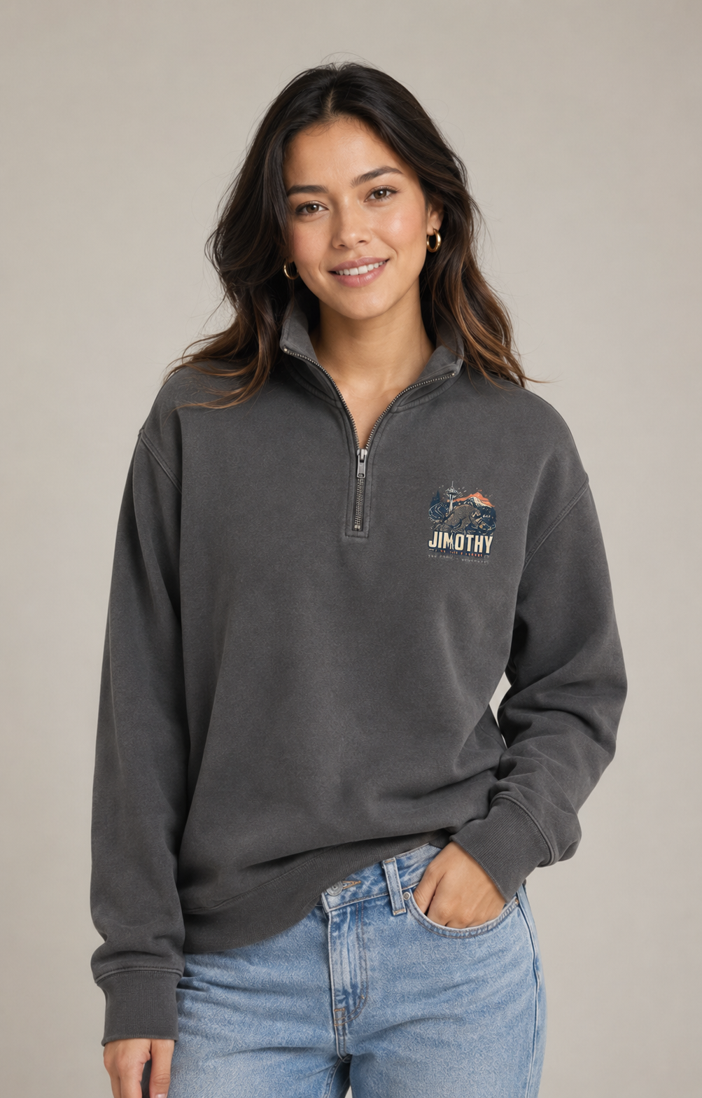 Unisex Multi-color - Faded Half-Zip Sweatshirt — Retro Sunset Graphic "JIMATHY" Chest Logo