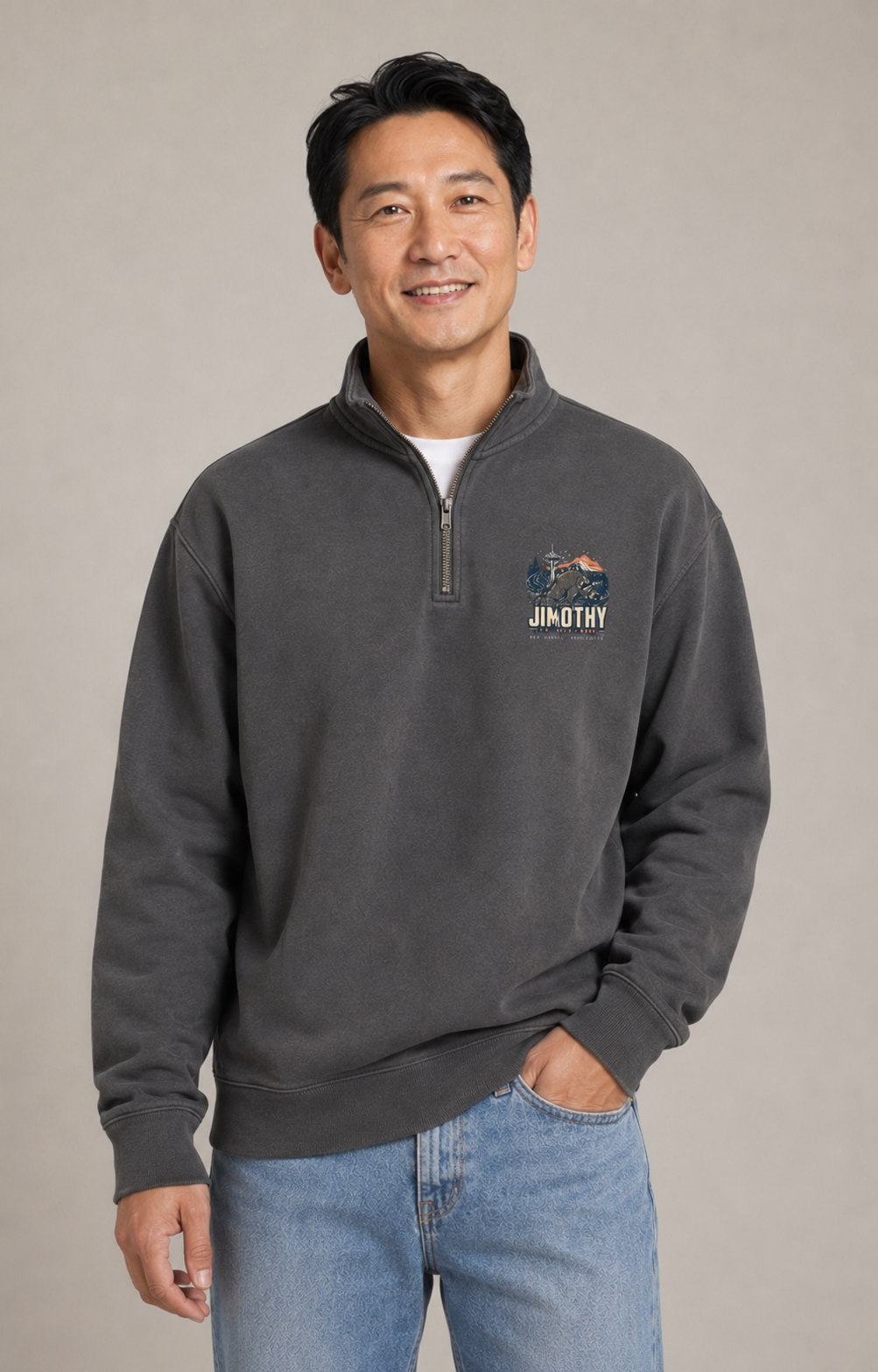 Unisex Multi-color - Faded Half-Zip Sweatshirt — Retro Sunset Graphic "JIMATHY" Chest Logo