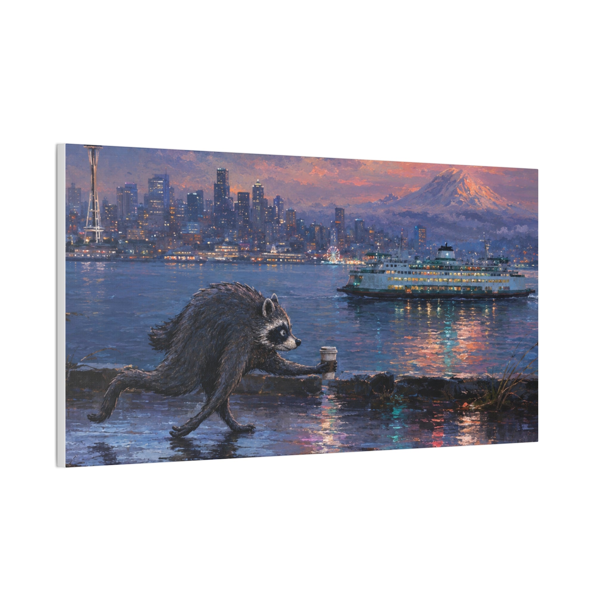 Jimothy Seattle Night Stroll Canvas Wall Art — Seattle Ferry Cityscape