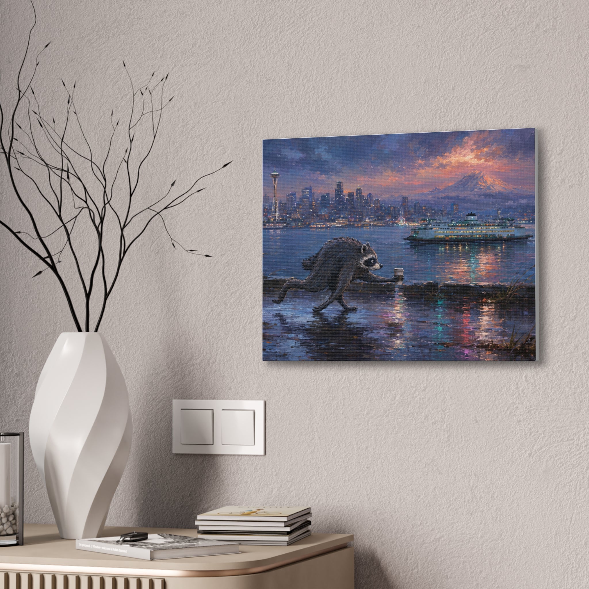 Jimothy Seattle Night Stroll Canvas Wall Art — Seattle Ferry Cityscape