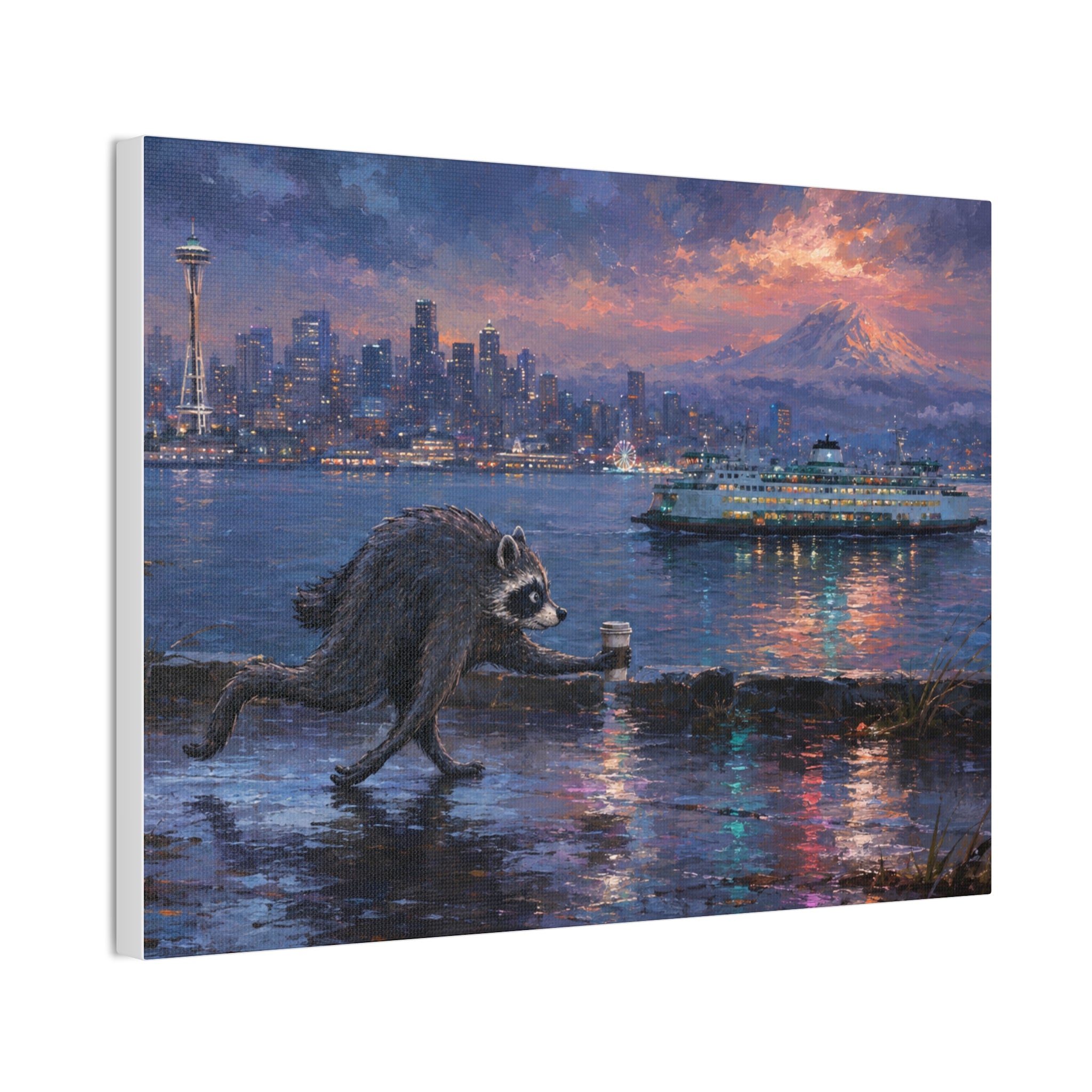 Jimothy Seattle Night Stroll Canvas Wall Art — Seattle Ferry Cityscape
