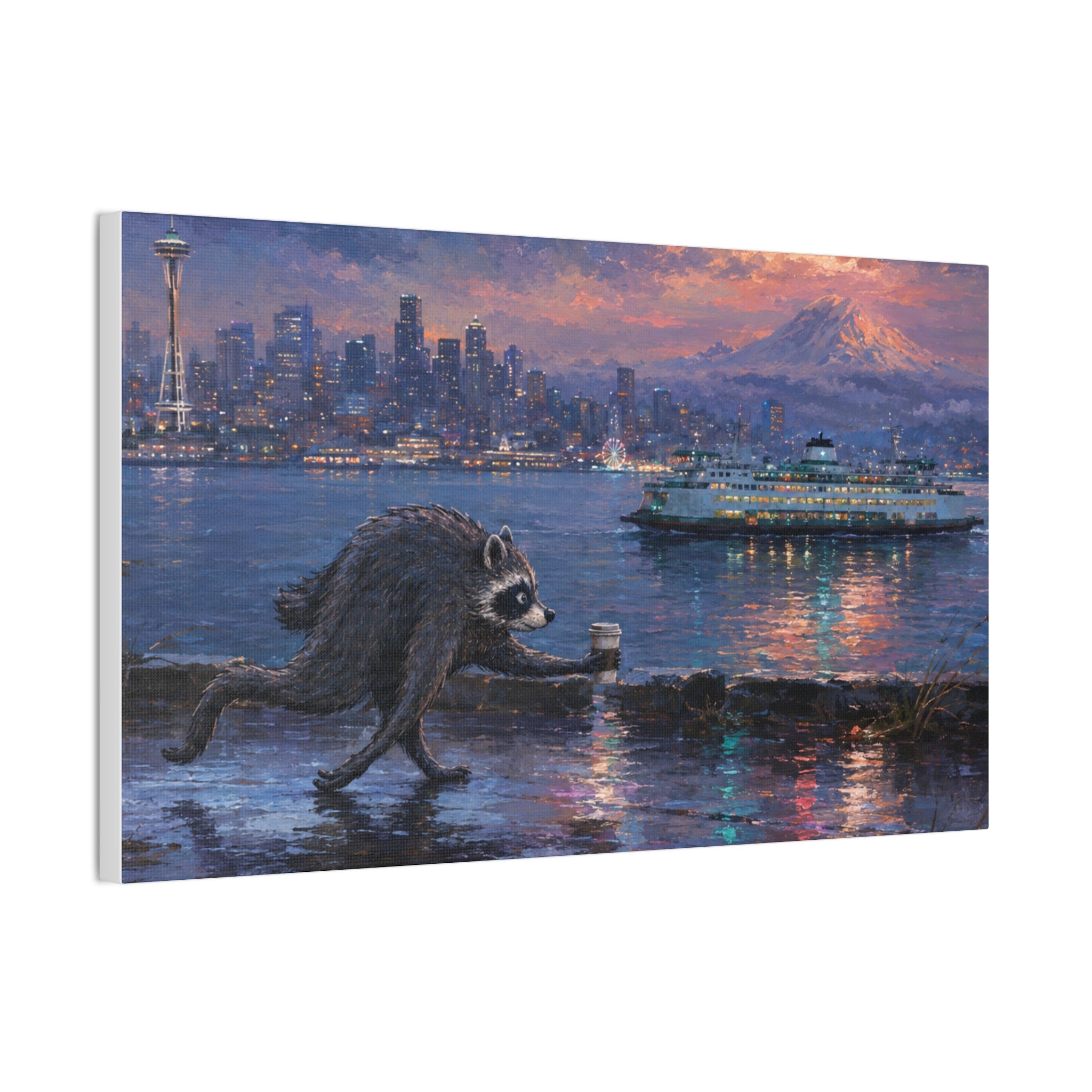 Jimothy Seattle Night Stroll Canvas Wall Art — Seattle Ferry Cityscape