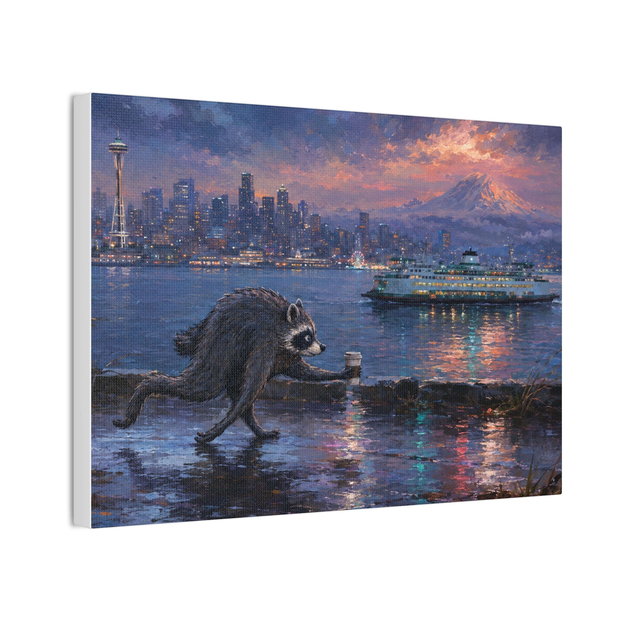 Jimothy Seattle Night Stroll Canvas Wall Art — Seattle Ferry Cityscape