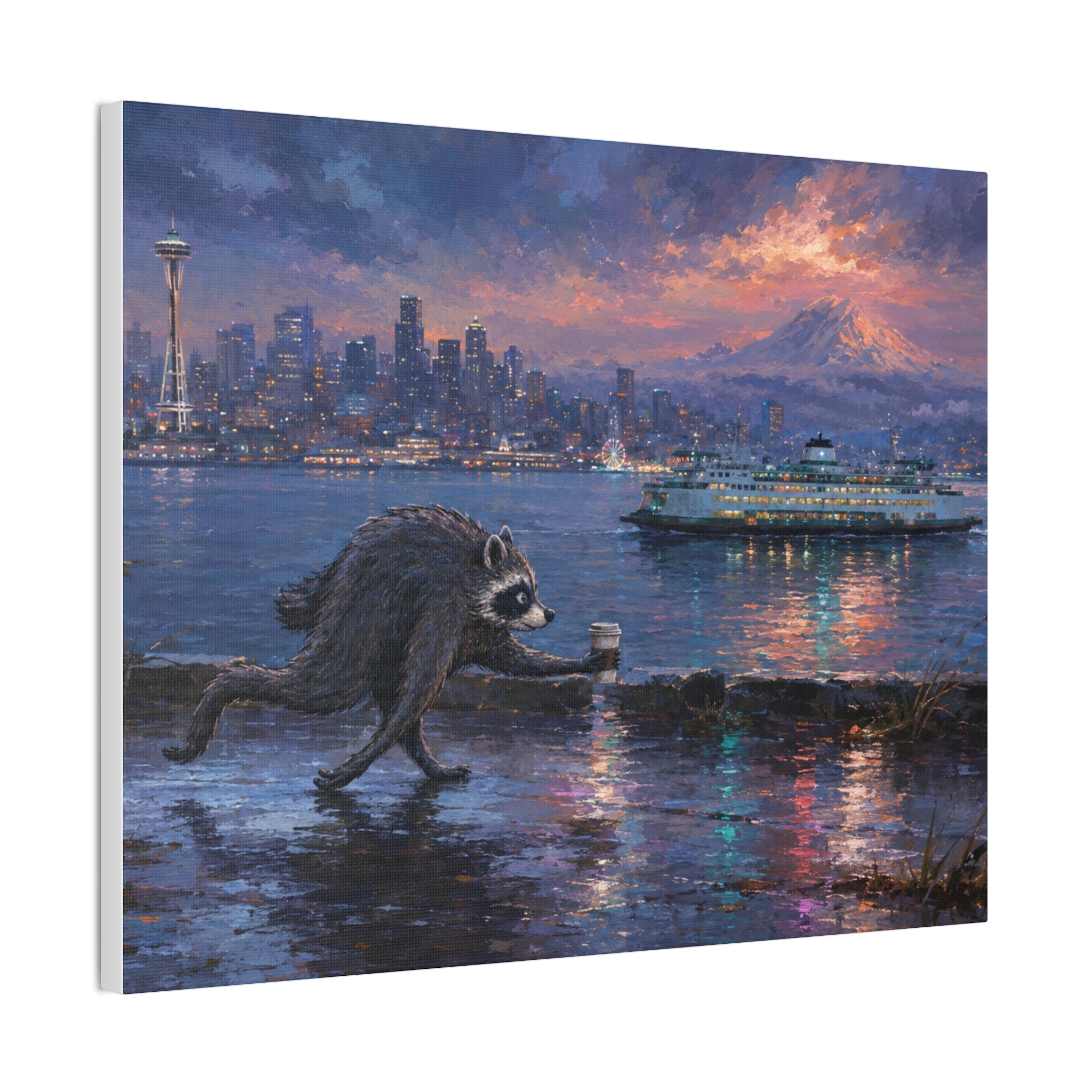 Jimothy Seattle Night Stroll Canvas Wall Art — Seattle Ferry Cityscape