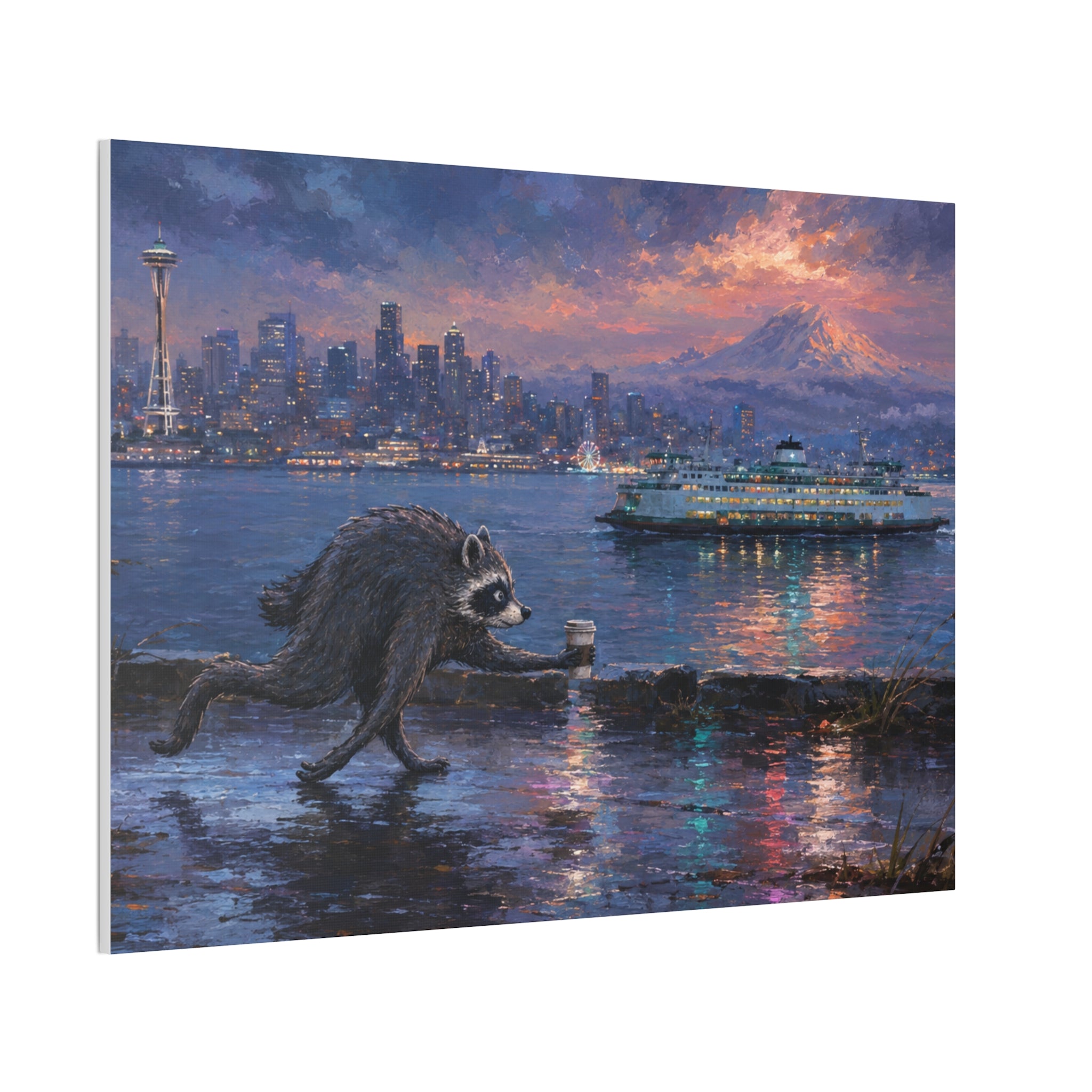 Jimothy Seattle Night Stroll Canvas Wall Art — Seattle Ferry Cityscape