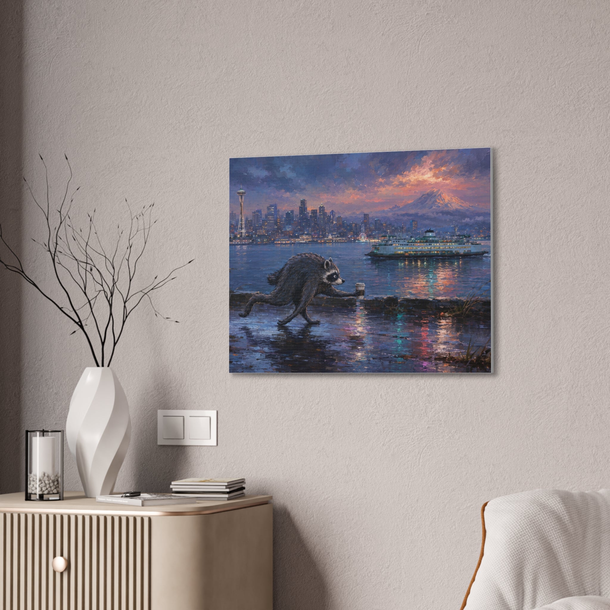 Jimothy Seattle Night Stroll Canvas Wall Art — Seattle Ferry Cityscape