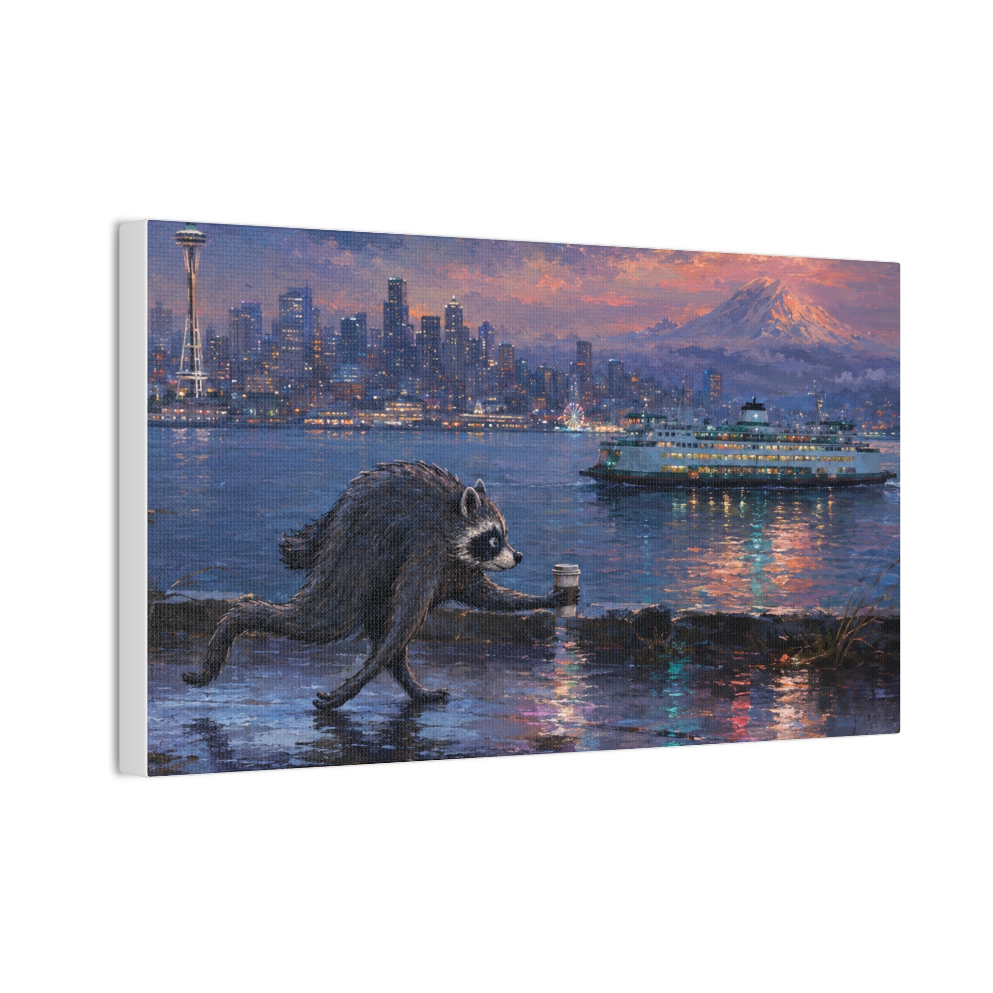 Jimothy Seattle Night Stroll Canvas Wall Art — Seattle Ferry Cityscape