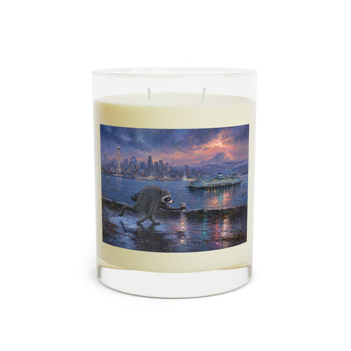 11oz Scented Candle with City Harbor Raccoon Artwork